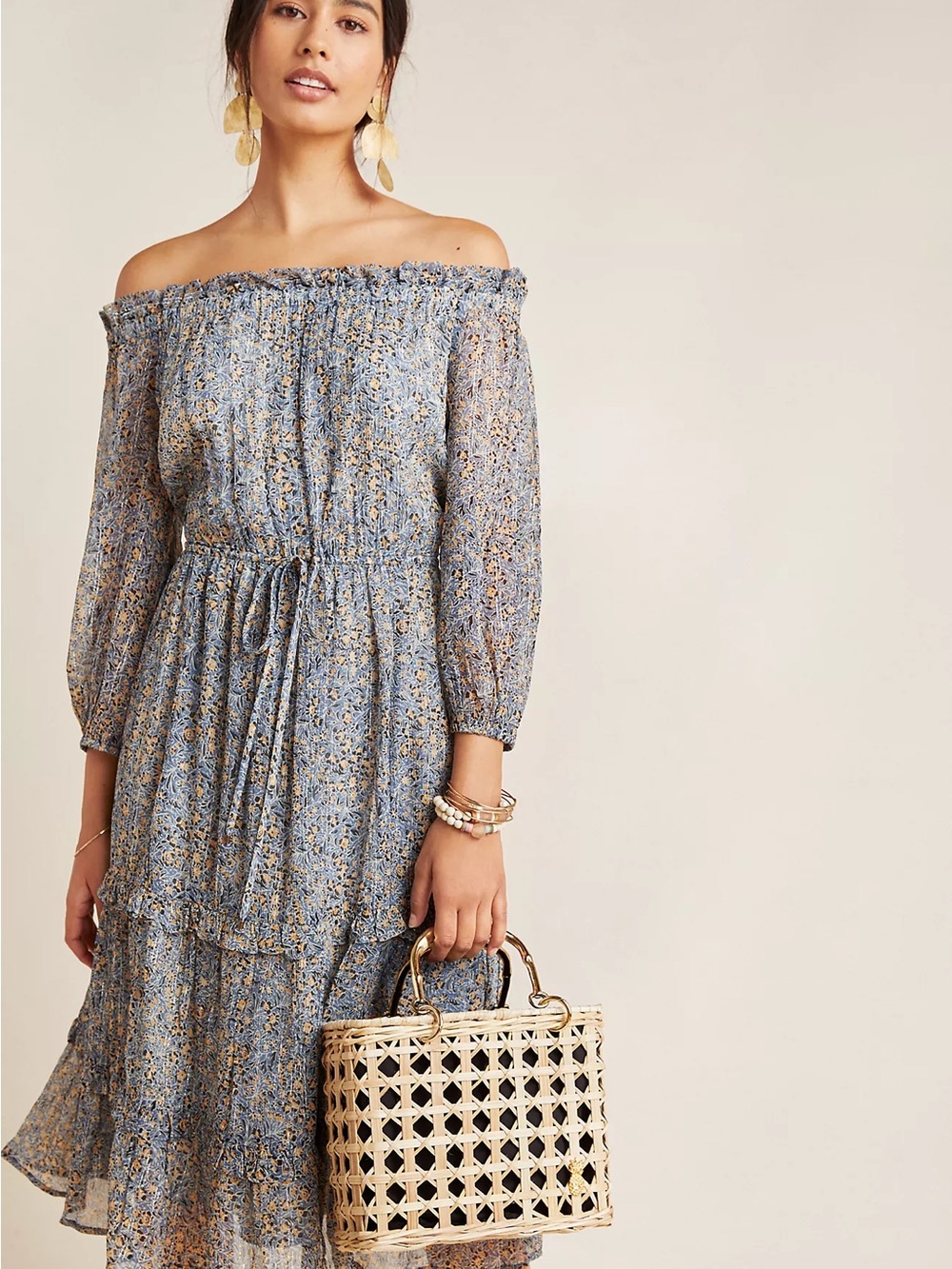 Anthropologie Kira Off-The-Shoulder Peasant Dress Blue Floral Size 0